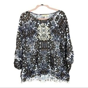 Penelope Rose Boho Embroidered Pom‎ Pom Trim Blouse XL Geometric Print Top